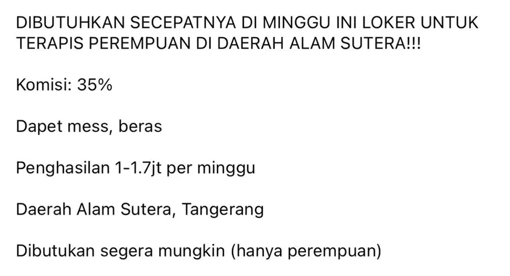 DI CARI TERAPIS PEREMPUAN (alam sutera)