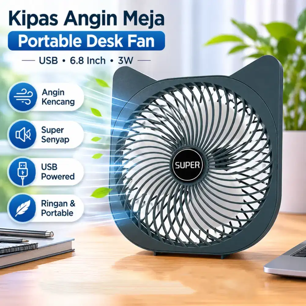 Kipas Angin Meja Portable Desk Fan USB 6.8 Inch 3W