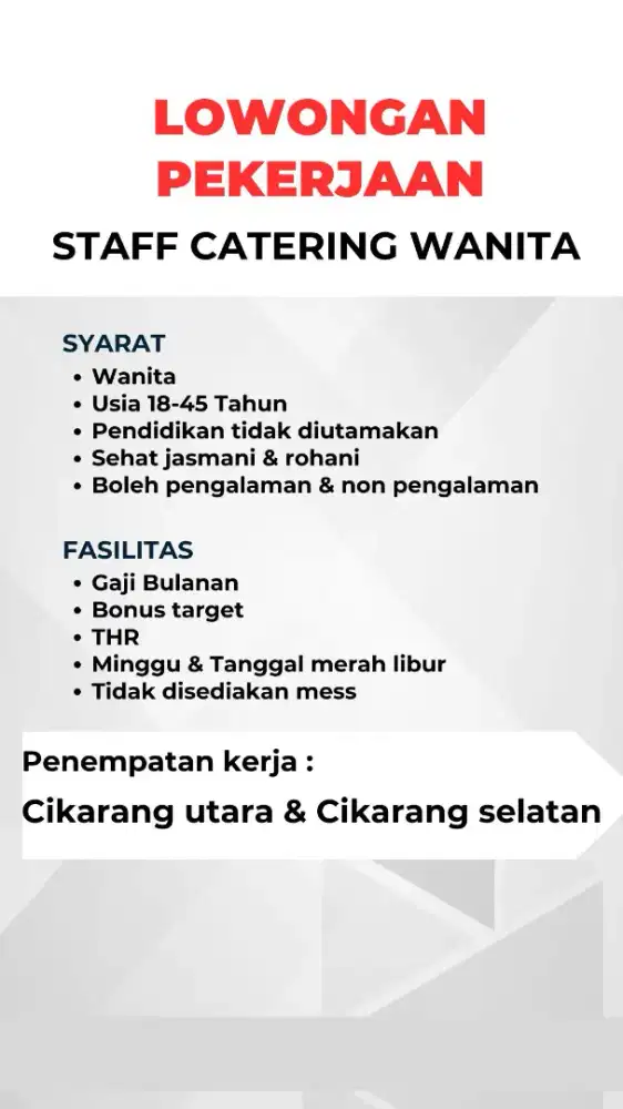Lowongan Kerja Staff Catering Wanita Cikarang