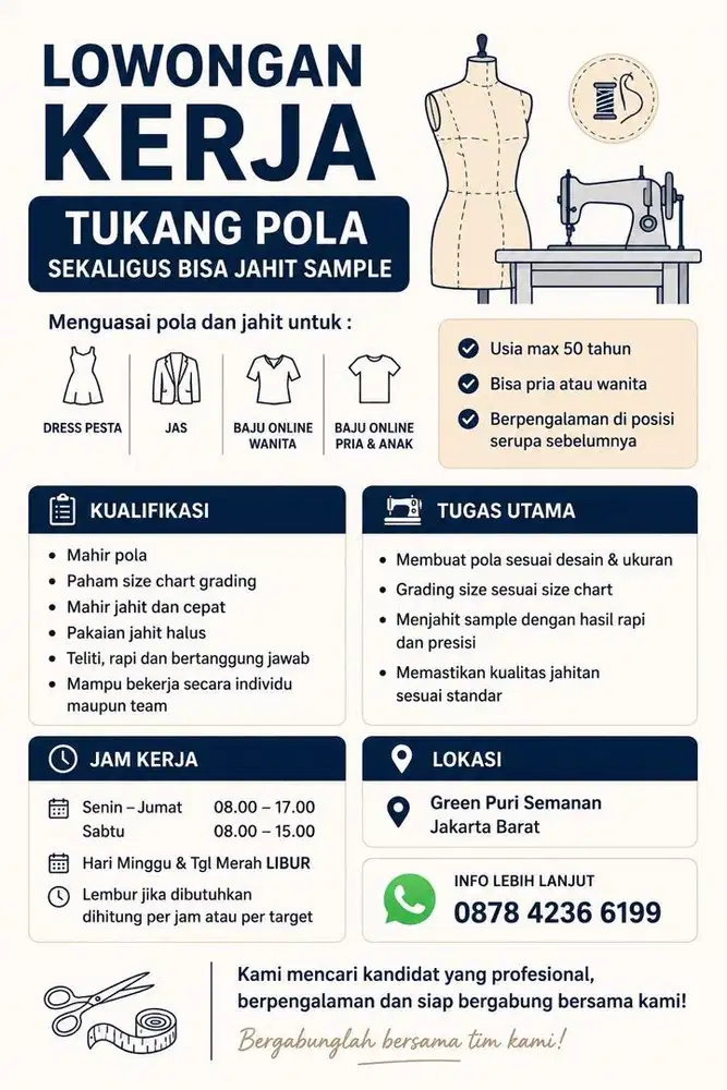 Lowongan tukang pola jahit sample