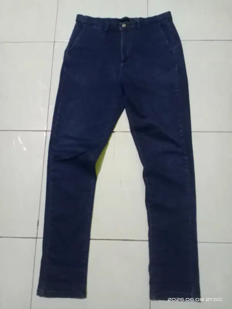 Celana Zara Man Denim Pants Indigo Pinstripe Navy Dark Wash Straight