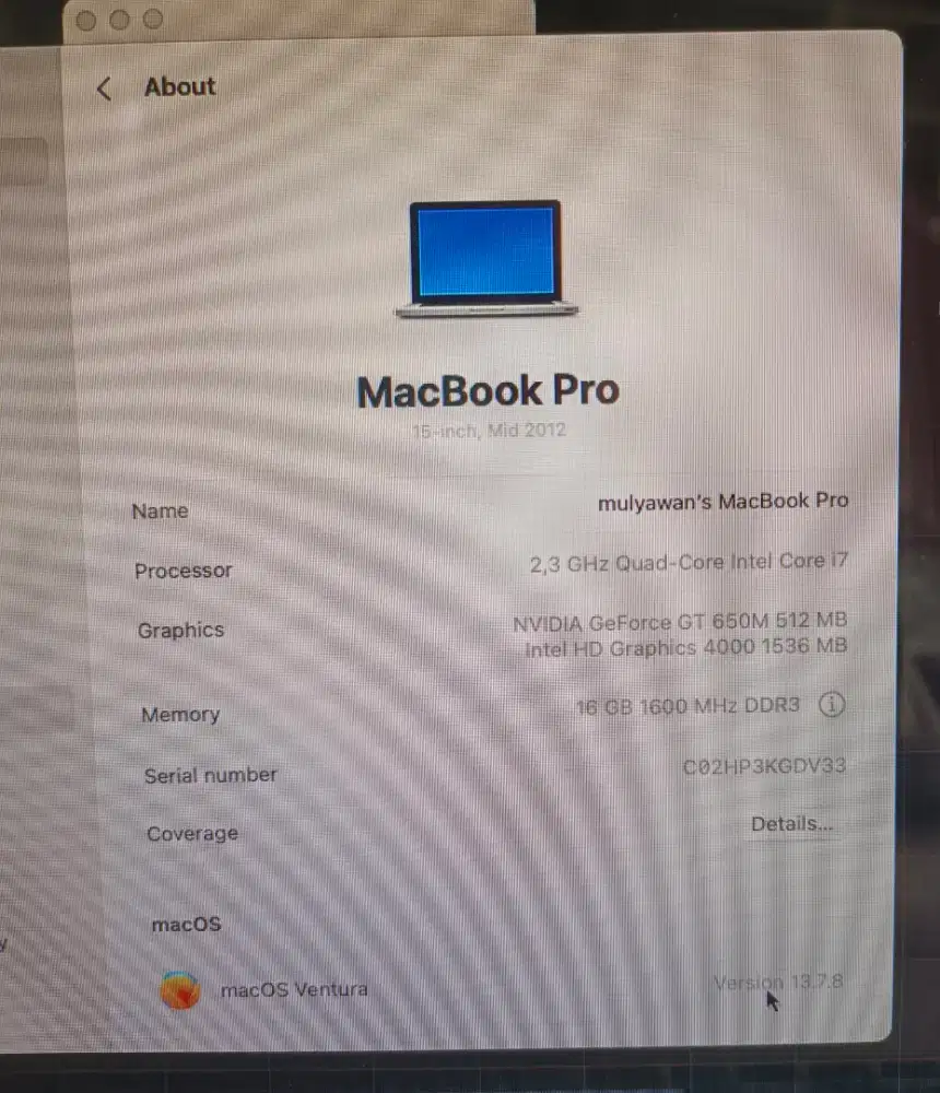 macbook pro 15 inch i7 vga nvidia (16/512)