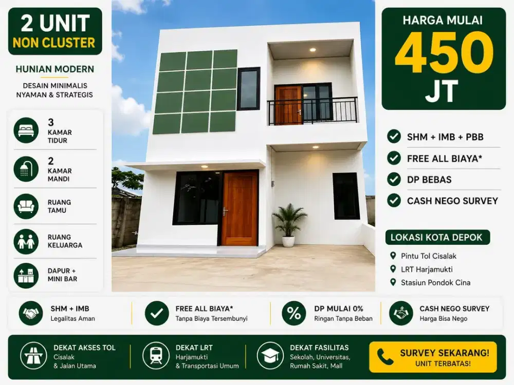 Rumah Baru Murah 2 Lantai Free All Biaya Dekat Gerbang Tol Cisalak Depok