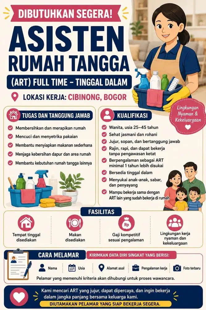 DIBUTUHKAN SEGERA. ASISTEN RUMAH TANGGA (ART)