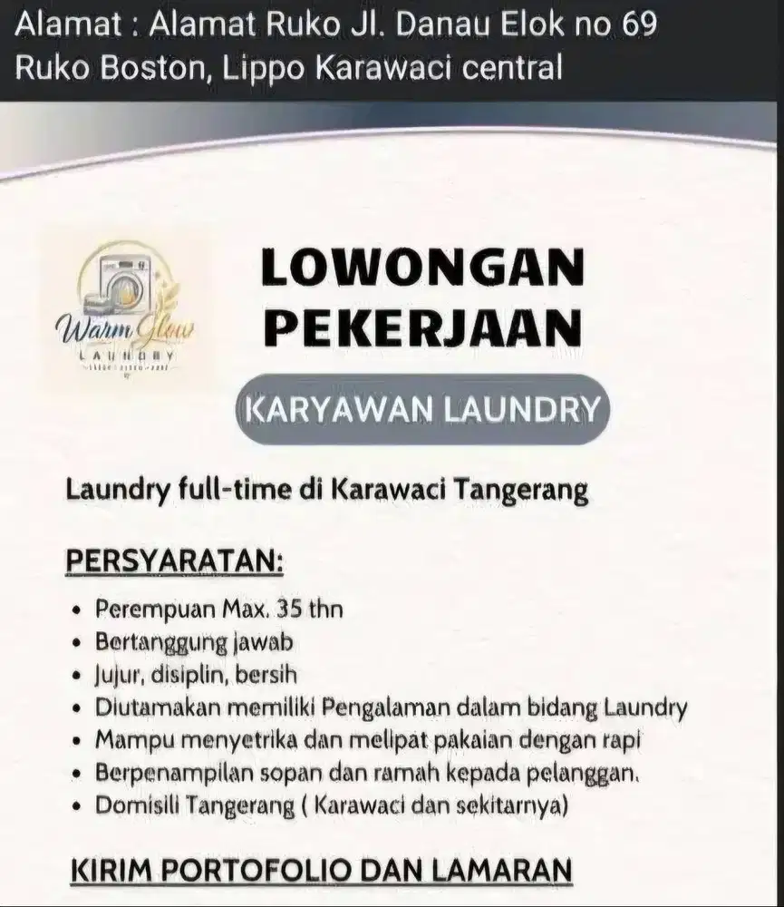 LOWONGAN PEKERJAAN  KARYAWAN LAUNDRY