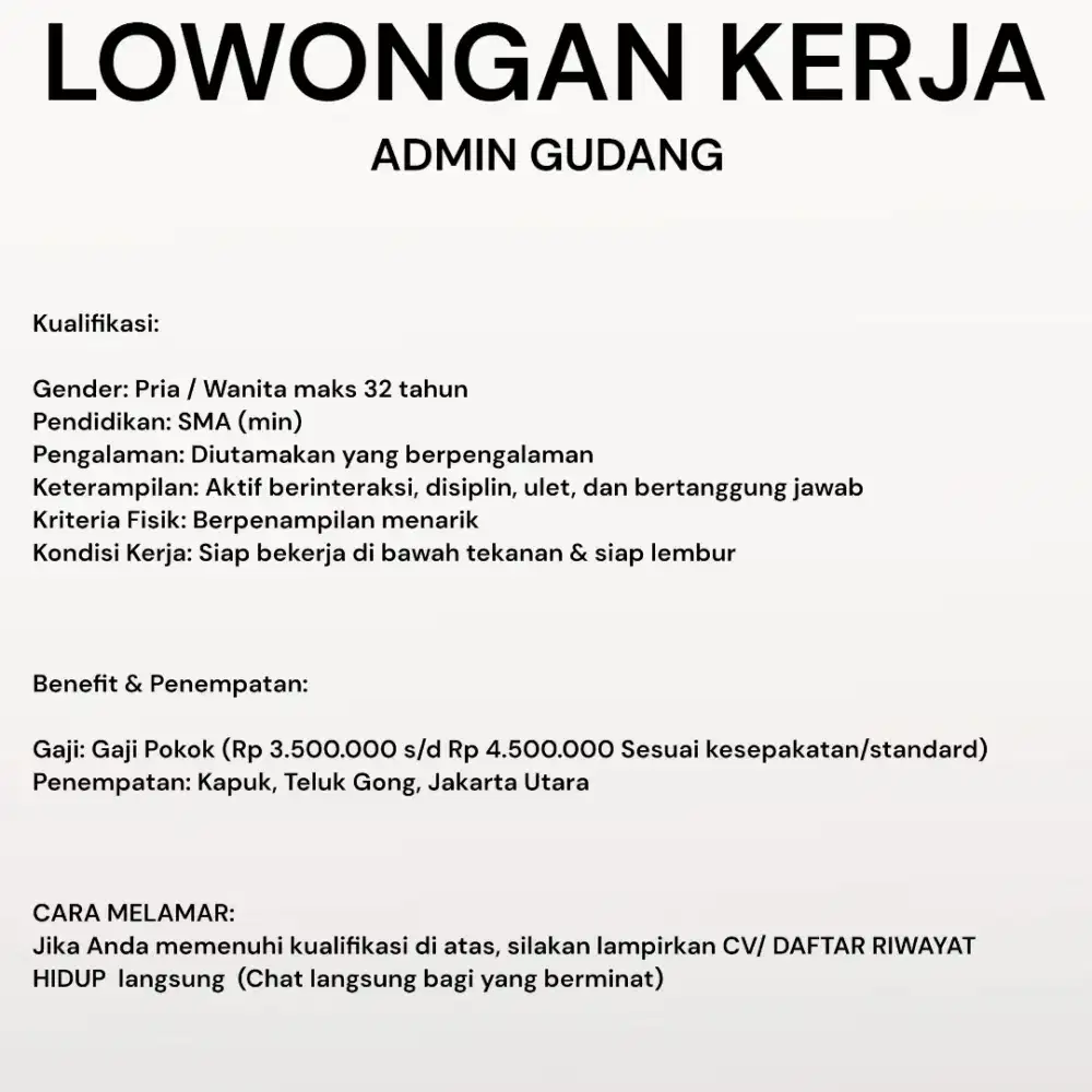 LOWONGAN KERJA ADMIN GUDANG