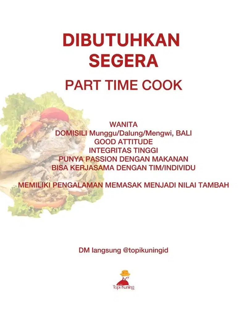 DIBUTUHKAN SEGERA PART TIME COOK