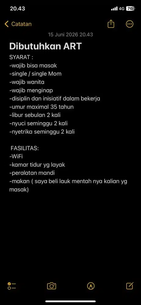 Dibutuhkan art rumahan