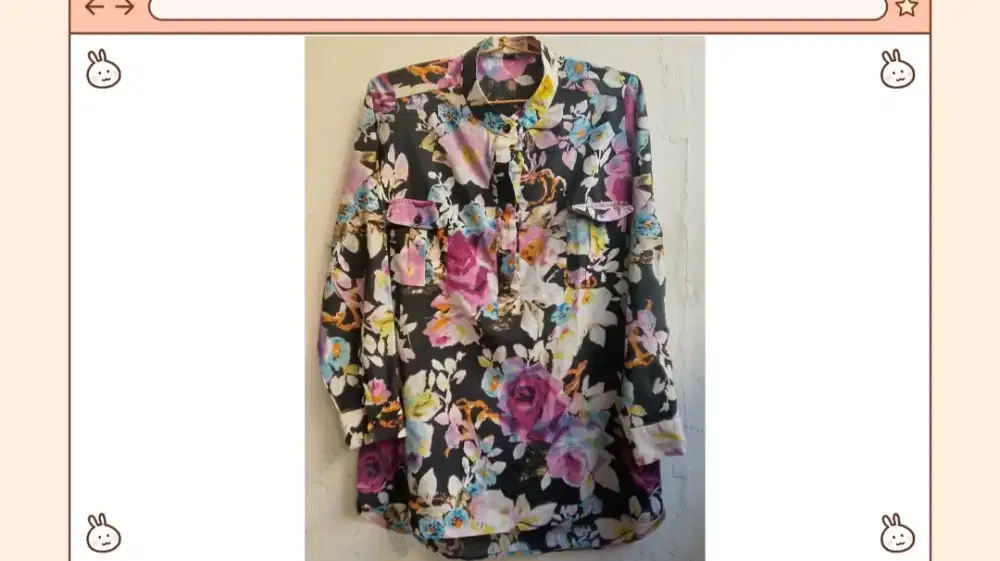Kemeja Tunik Blouse Wanita Motif Floral Full Print Hitam-Warna Pop