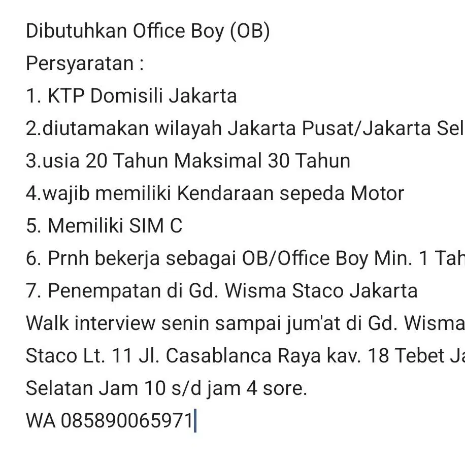 Lowongan pekerjaan Office Boy