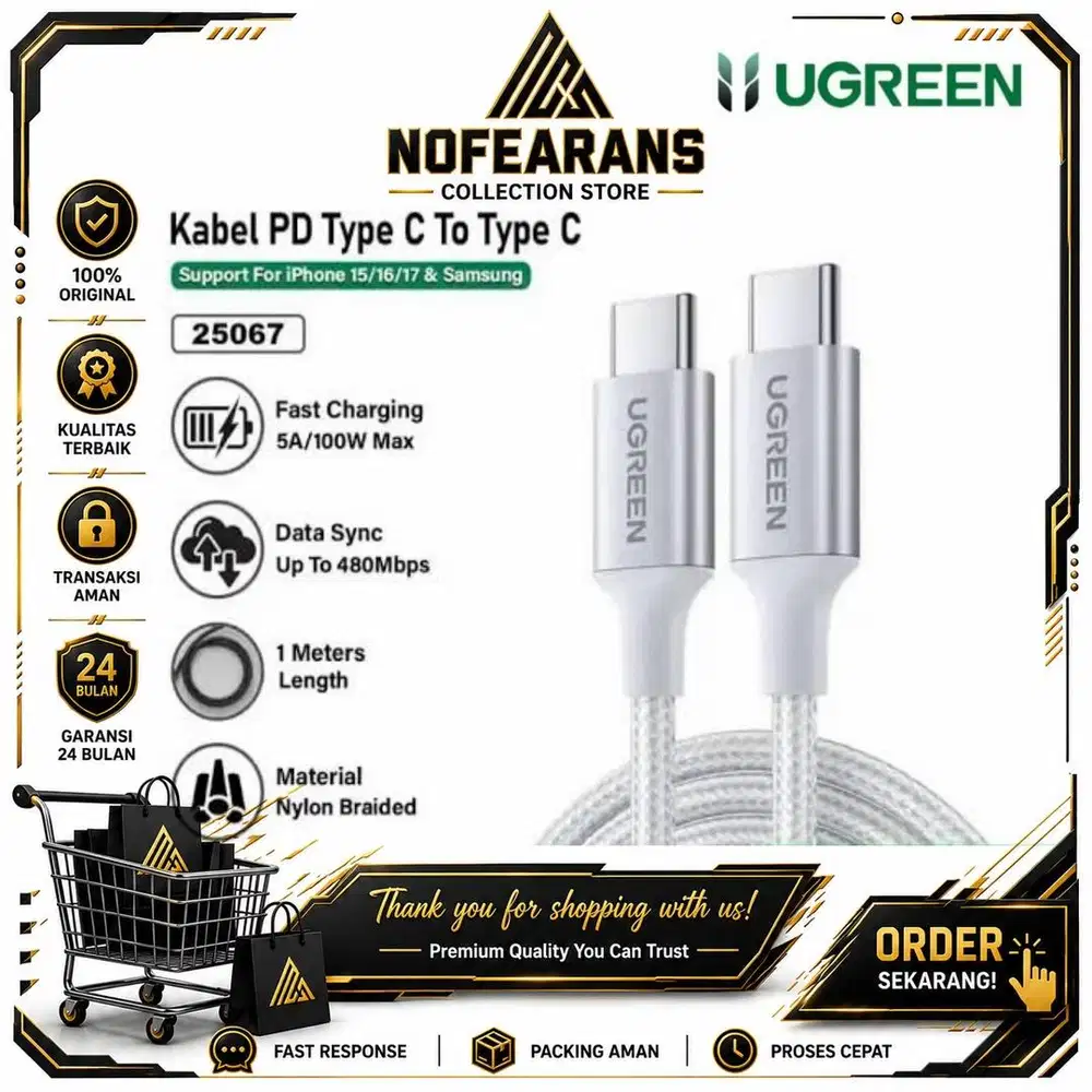 KABEL DATA CHARGER UGREEN C To C 100W ABS NYLON 100cm 25067