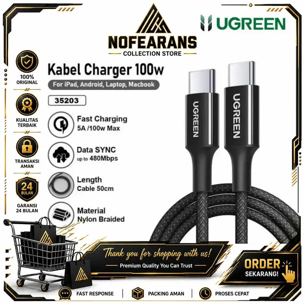 KABEL DATA CHARGER UGREEN C To C 100W ABS NYLON 50cm 35204