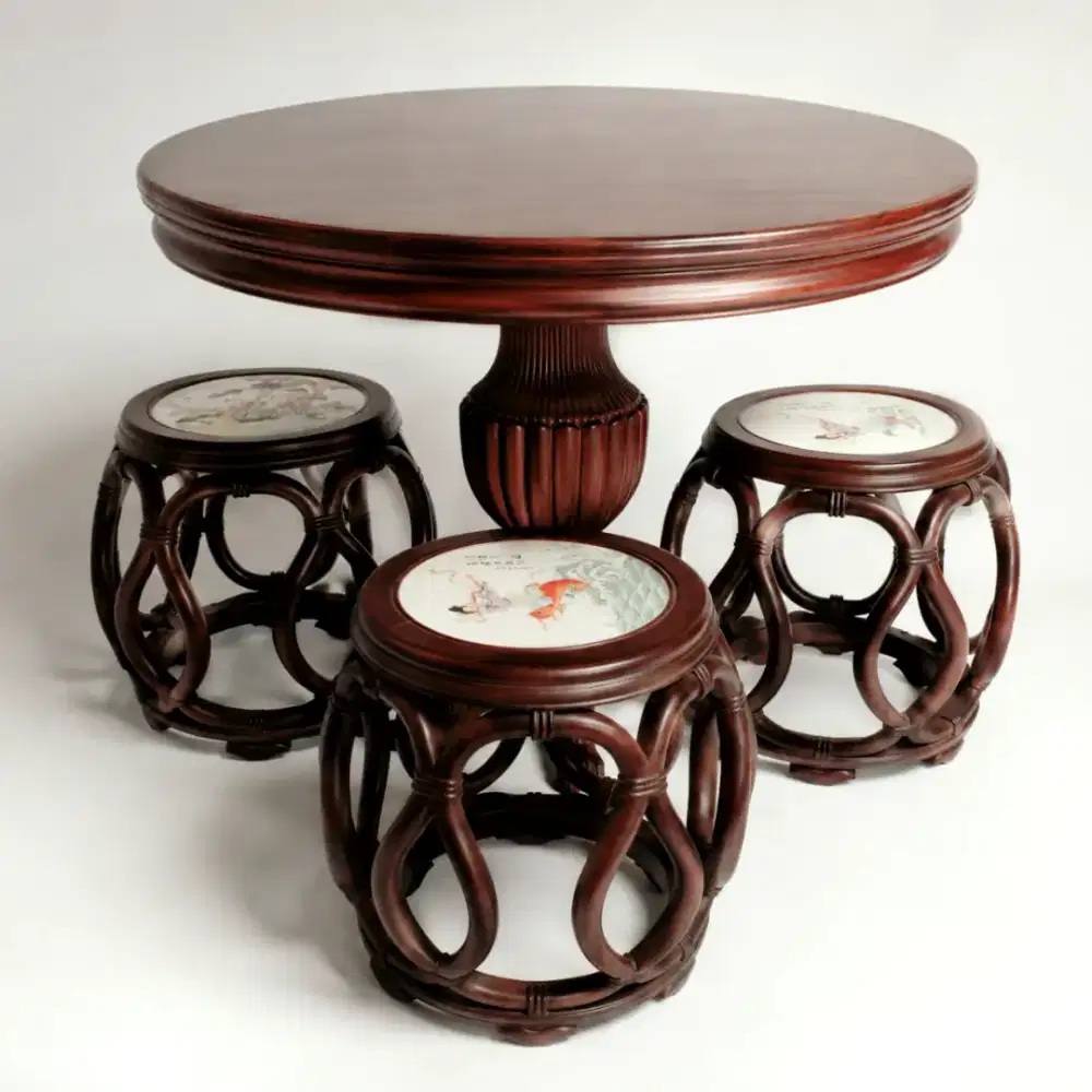 Set Meja Bundar Pedestal Kayu Jati dgn 3 Chinese Stool Style