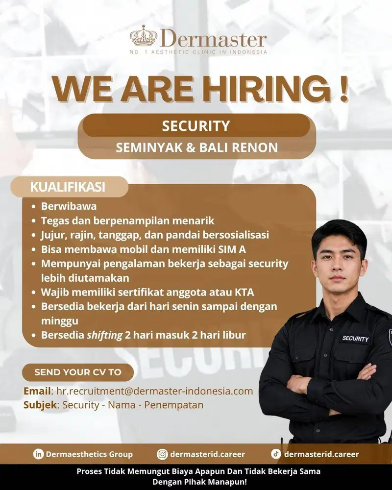 Lowongan Kerja Security Klinik Dermaster Seminyak & Bali Renon