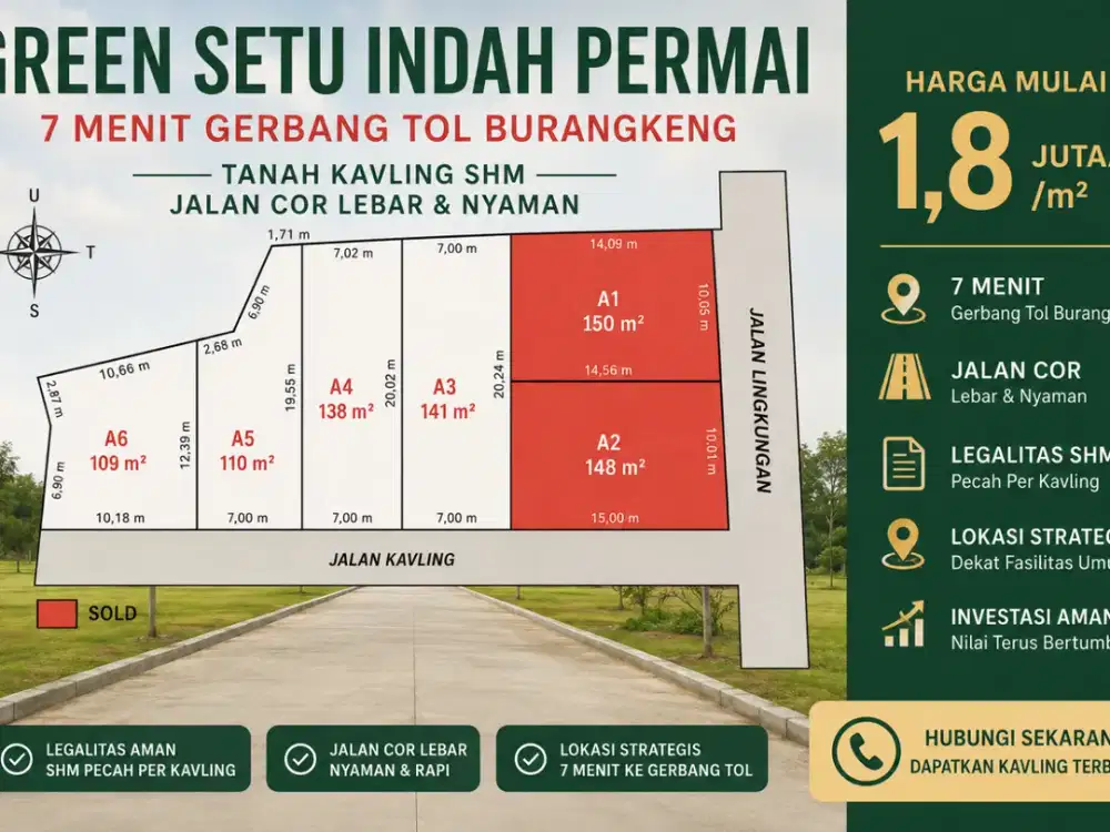 Tanah Kavling Pecah Perunit Siap Bangun 7 Menit Gerbang Tol Burangkeng Bekasi, SHM