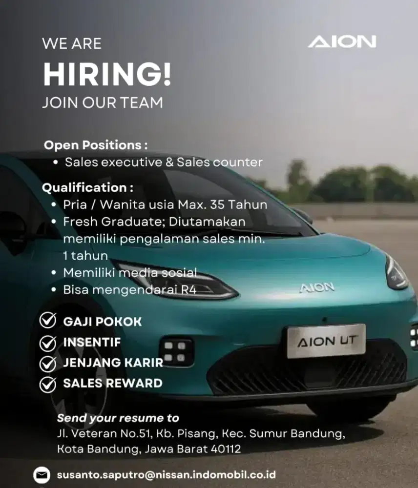 Dibutuhkan Sales Counter & Sales Executive Mobil Listrik & Hybrid
