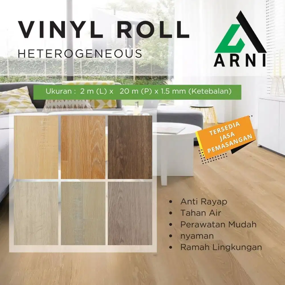 Vinyl Roll Lantai PVC ARNI 1.5mm Motif Kayu | Vinyl Flooring Sheet 2m