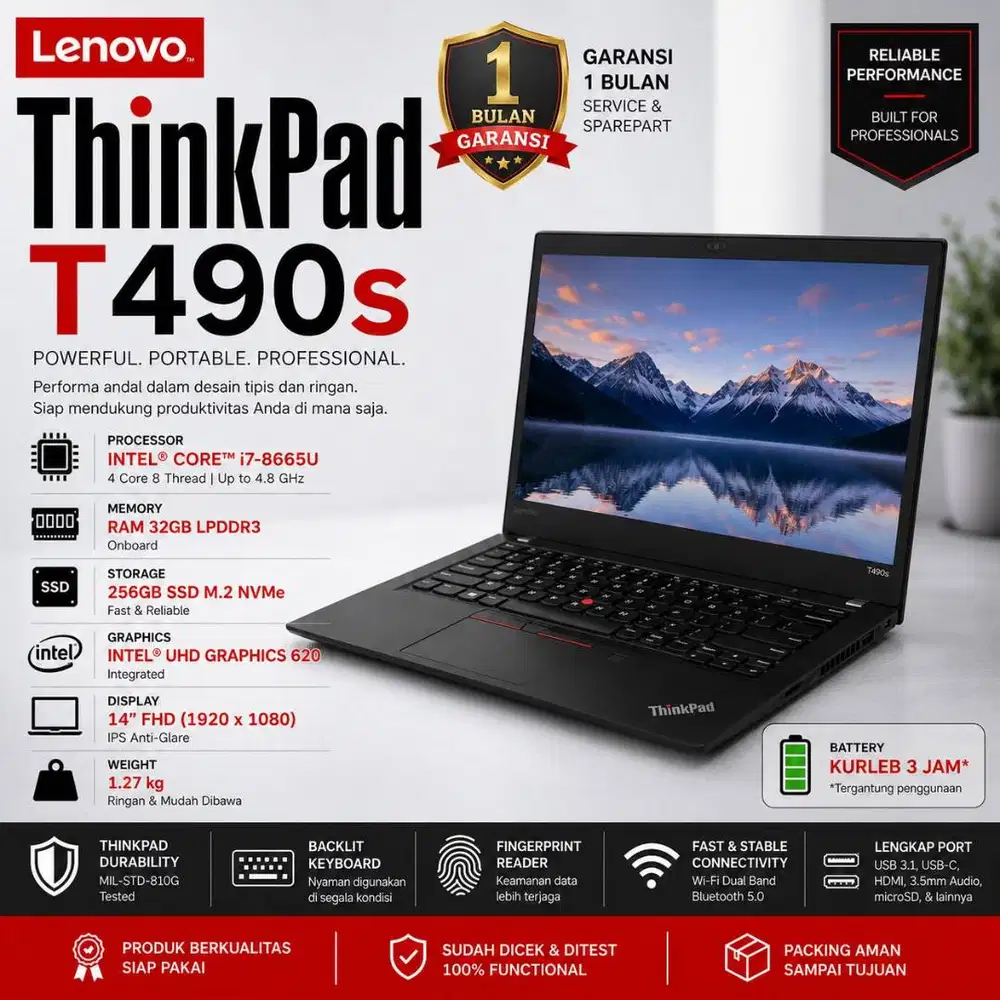 Laptop Lenovo Thinkpad T490s | I7 - 8665U | Ram 32GB/256GB