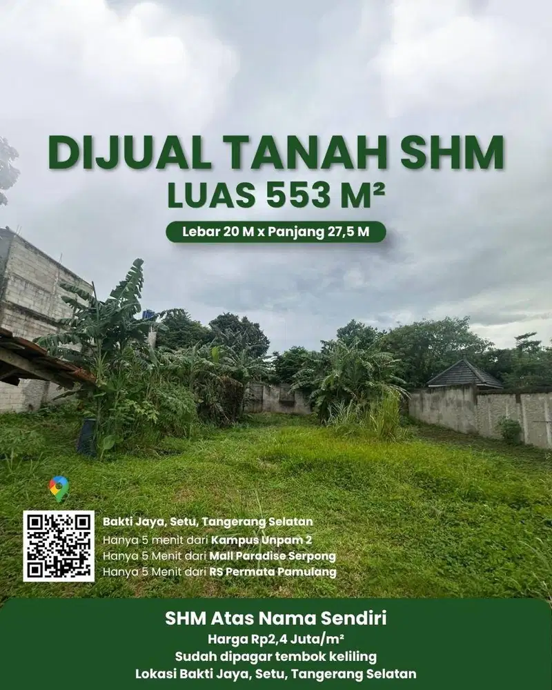 Dijual Tanah 553 M SHM - Tanpa perantara