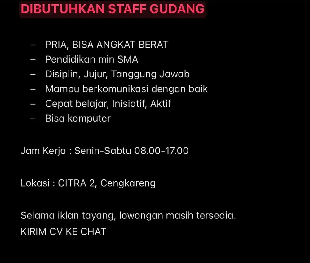 DIBUTUHKAN STAFF GUDANG