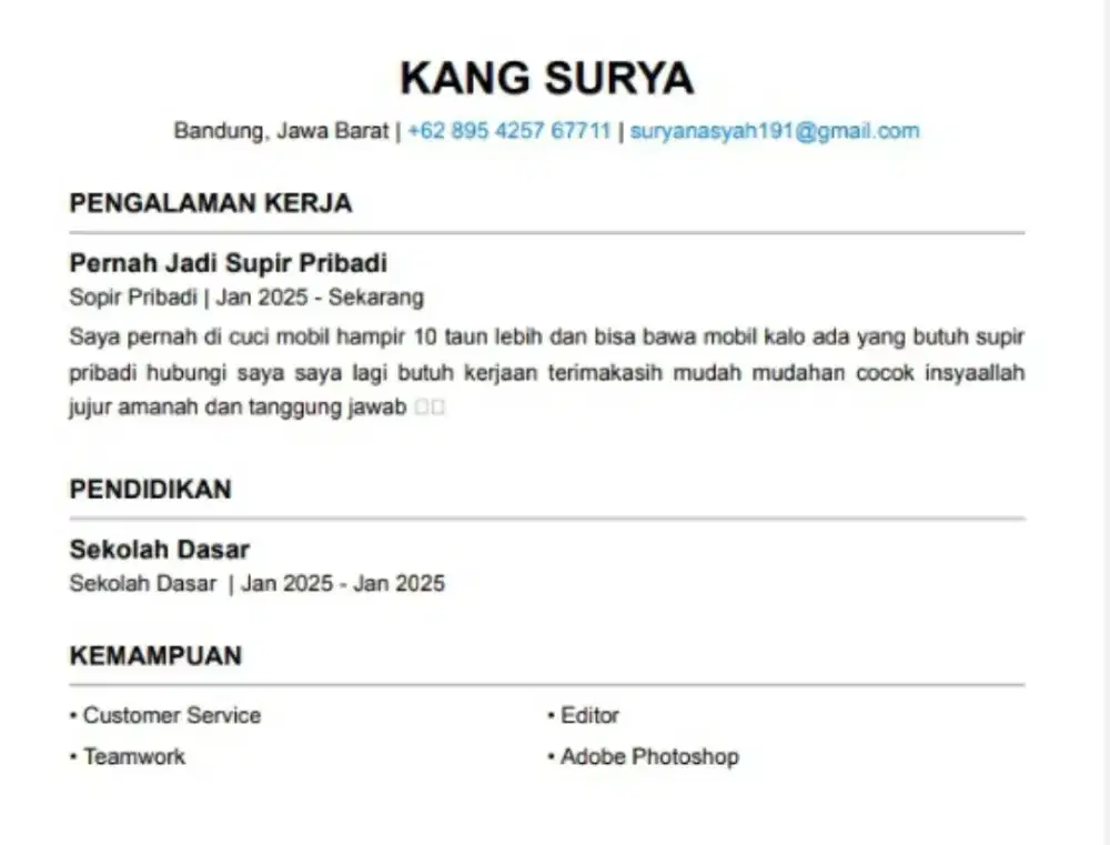 Info loker supir pribadi nya sim A aktif domisili bandung