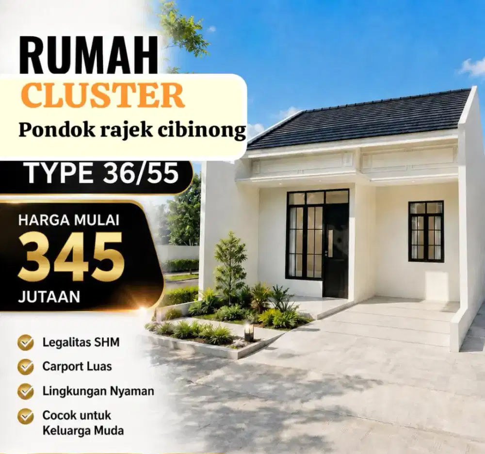 Rumah Cluster Pondok Rajek Cibinong 345 Juta  SHM Dekat Stasiun Depok