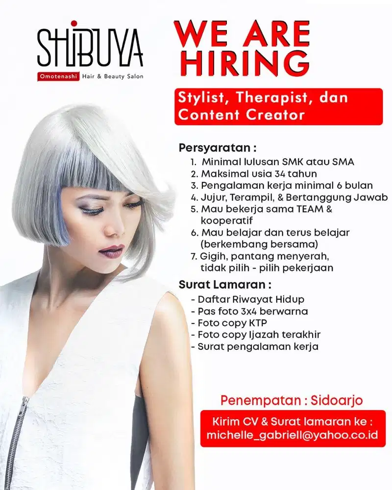 Lowongan kerja untuk cashier, styling, dan therapist salon