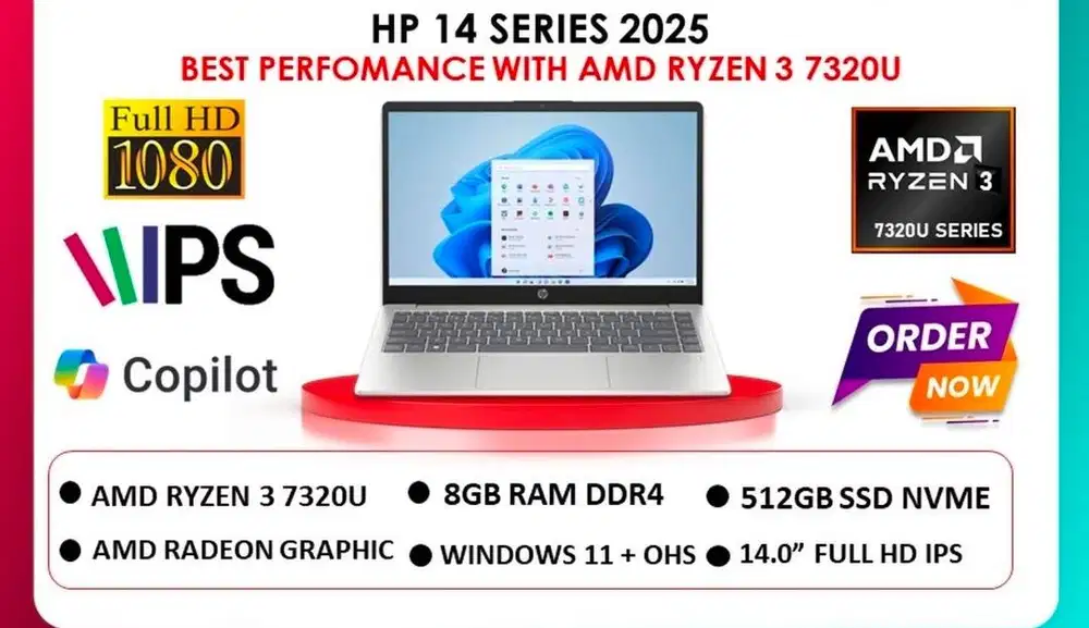 HP 14 Amd Ryzen 3 7320U Ram 8gb  DDR4 512gb