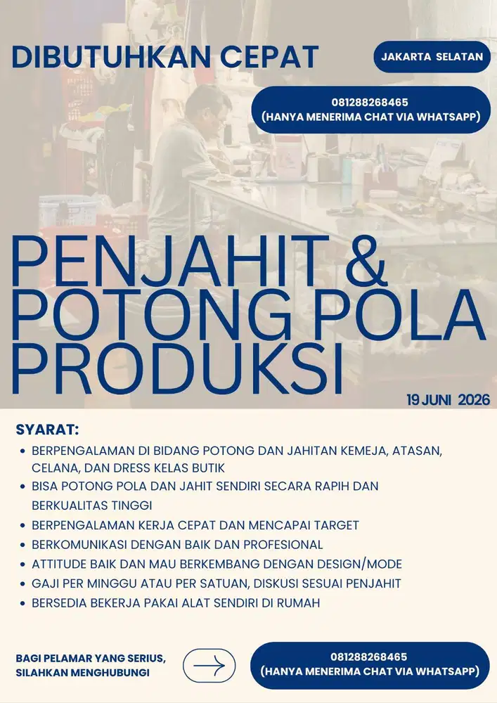 Dibutuhkan Penjahit & Potong Pola Untuk Produksi / Konveksi