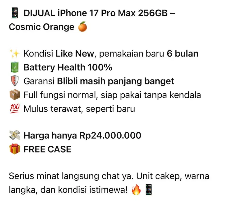 Dijual iPhone 17 pro max cosmic Orange