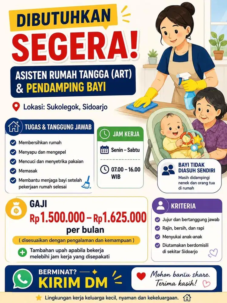 DIBUTUHKAN SEGERA ASISTEN RUMAH TANGGA (ART) & PENDAMPING ANAK