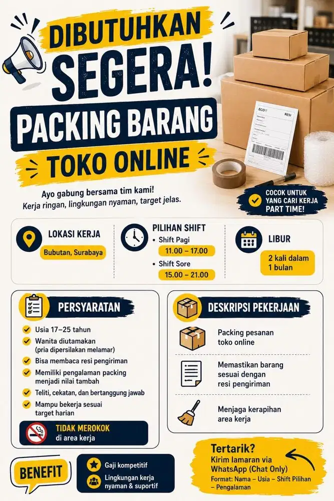 lowongan packing toko online part time / full time