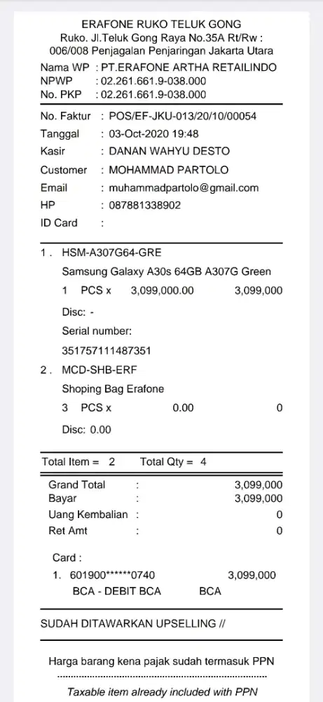 Dijual Hp Samsung A30'S, edisi tidak terpakai BU.