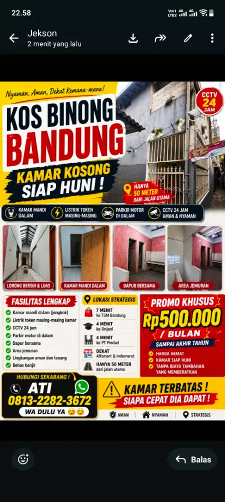 Disewakan kosan binong