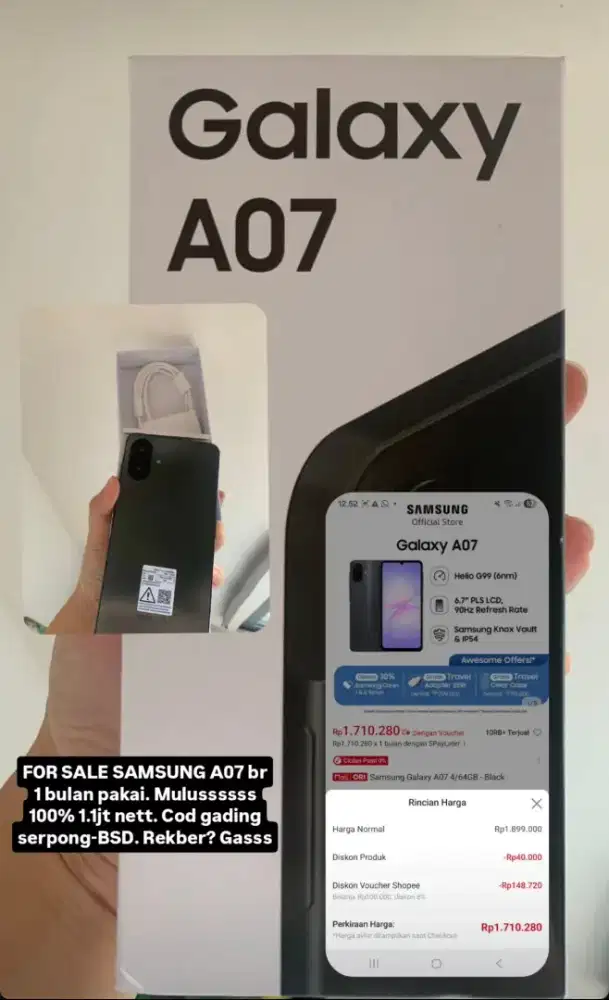 Samsung A07 black mulus 100% no minus fullset