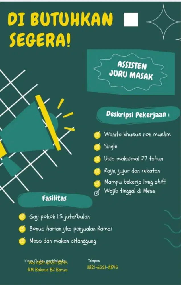 Lowongan kerja assisten juru masak