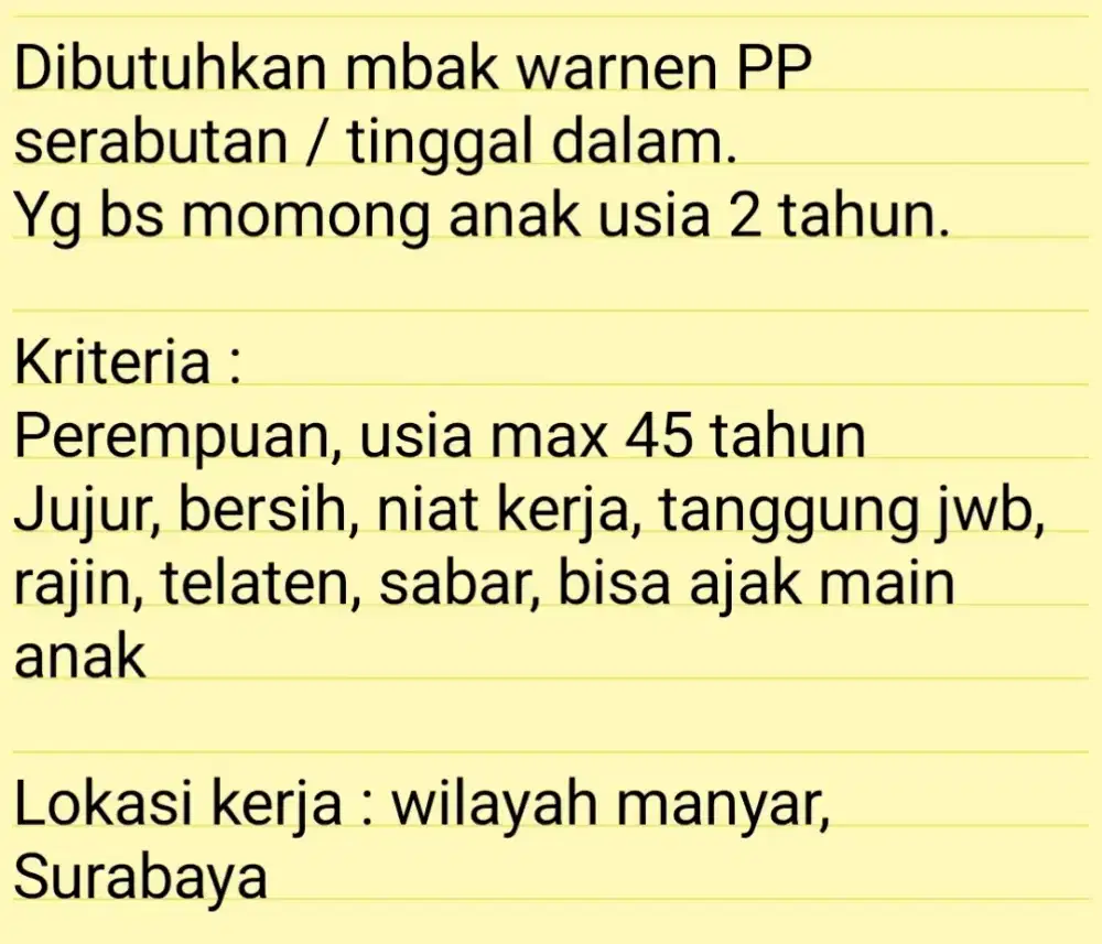 Dibutuhkan mbak warnen