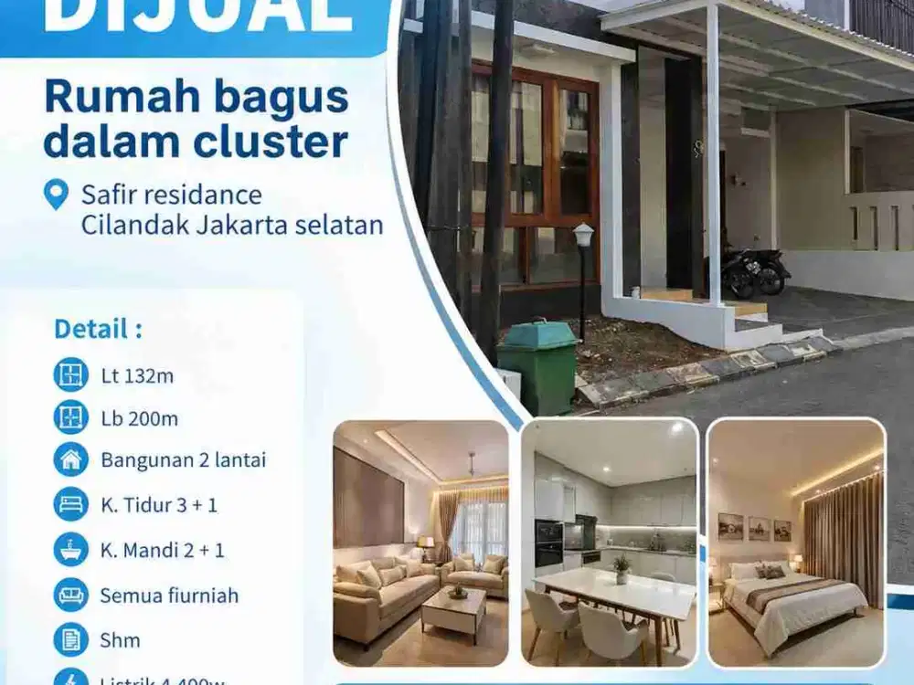 Dijual 
Rumah bagus dalam cluster 
Safir residance Dicilandak jakarta selatan

Detail :
Lt 132m
Lb 200m
Bangunan 2 lantai
K. Tidur 3 + 1
K. Mandi 2 + 1
Semua fiurniah
Shm
Listrik 4.400w
Carpot 2 mobil
One Get sistem
Security 24jam
Harga 3.8M (nego)