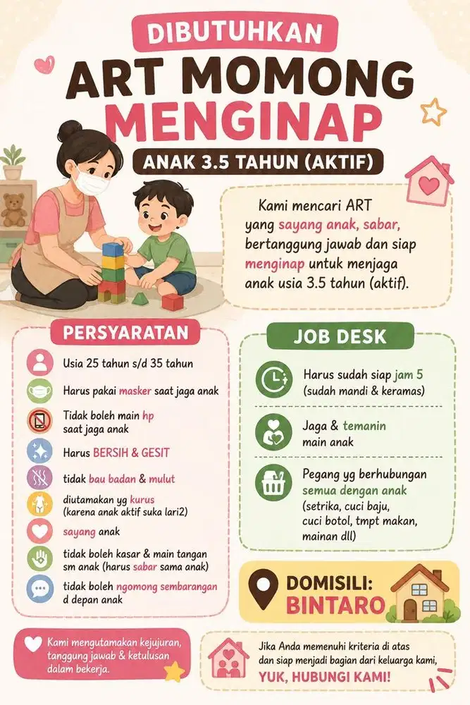 DIBUTUHKAN ART MOMONG (MENGINAP) U/ ANAK 3.5 TAHUN