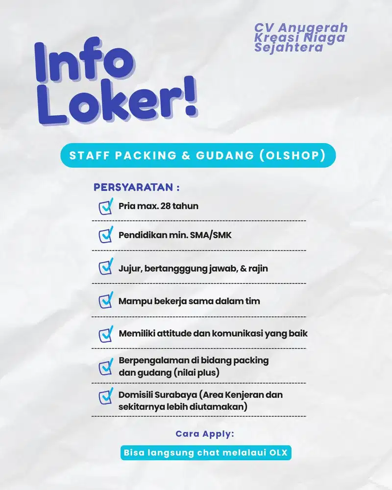 Lowongan Kerja Packing dan Gudang (Olshop)