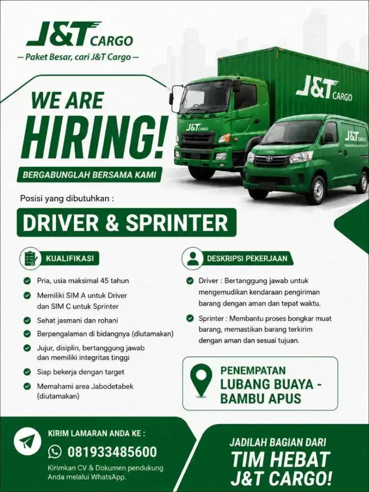 Lowongan kerja ekspedisi J&T Cargo