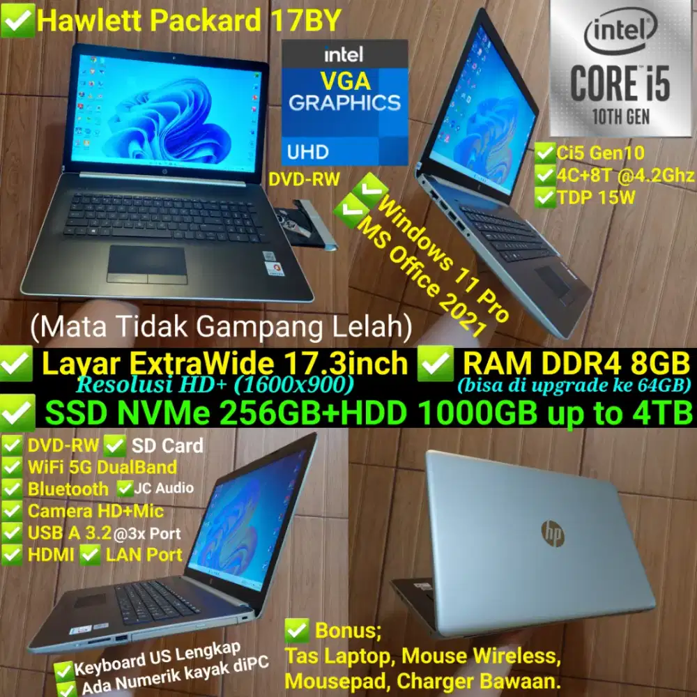 Intel i5 Gen10 17.3in 1.25TB Laptop HP 17BY Kondisi Bagus
