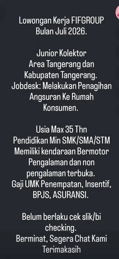 Loker Junior Kolektor Tangerang