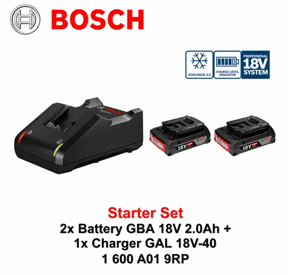 Bosch Starter Set 18V 2x Baterai GBA 2.0Ah + 1x Charger GAL 18V-40