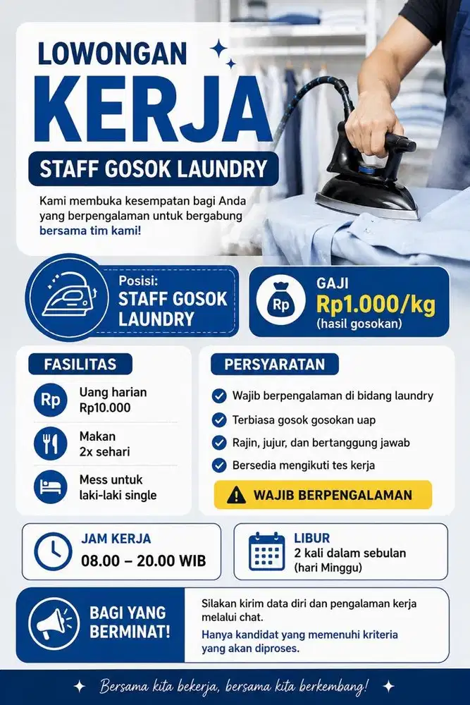 Lowongan Staff Gosok Laundry Berpengalaman | Rp1.000/Kg + Makan + Mess