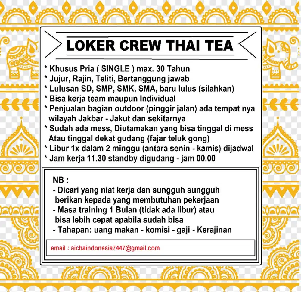 lowongan kru thai tea barista jaga stand outlet jakbar