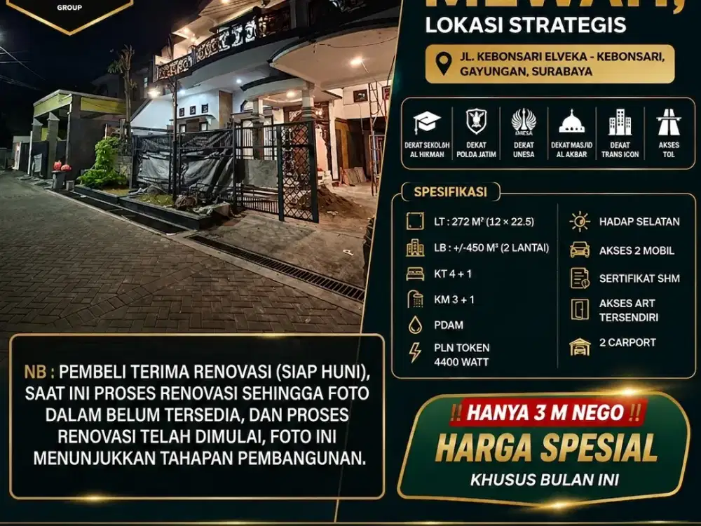 LUAS TANAH 272M2 – 2 LANTAI!! TERIMA RENOVASI - JL. KEBONSARI ELVEKA - GAYUNGAN