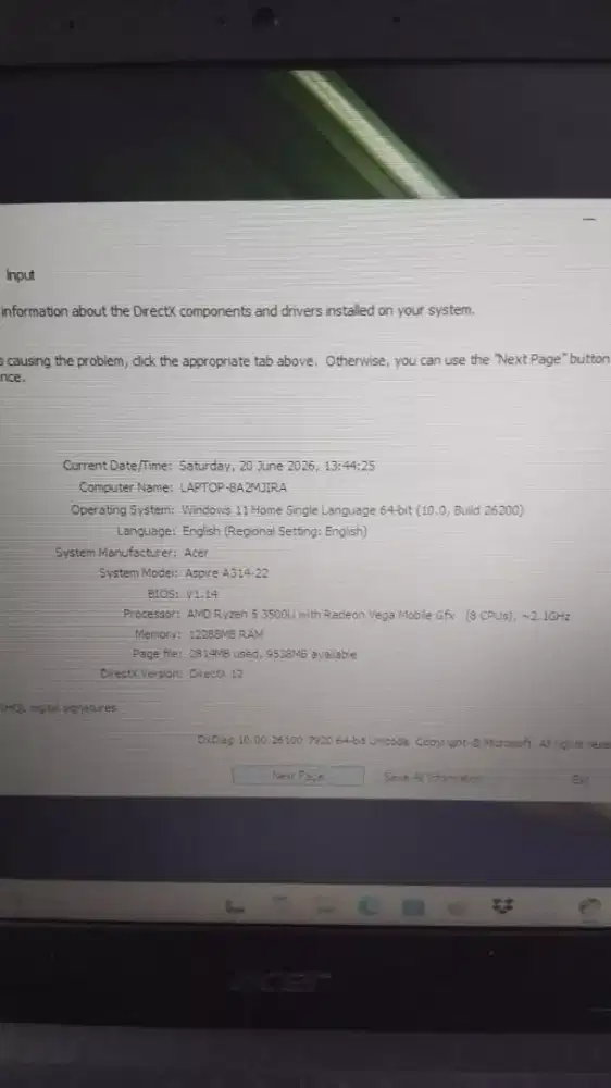 bu jual Acer Aspire A314 AmdRyzen5 3500U 12gb SSD512GB