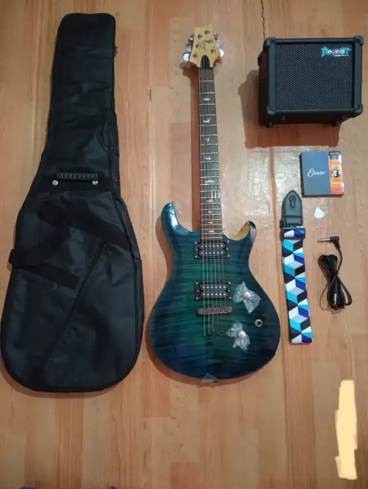 Gitar Listrik Guitar Electric PRS Biru Ocean Blue Flame Amplifier