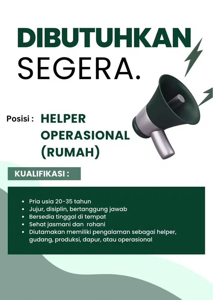 Loker : Helper Operasional di rumah untuk Usaha Makanan (PRIA)